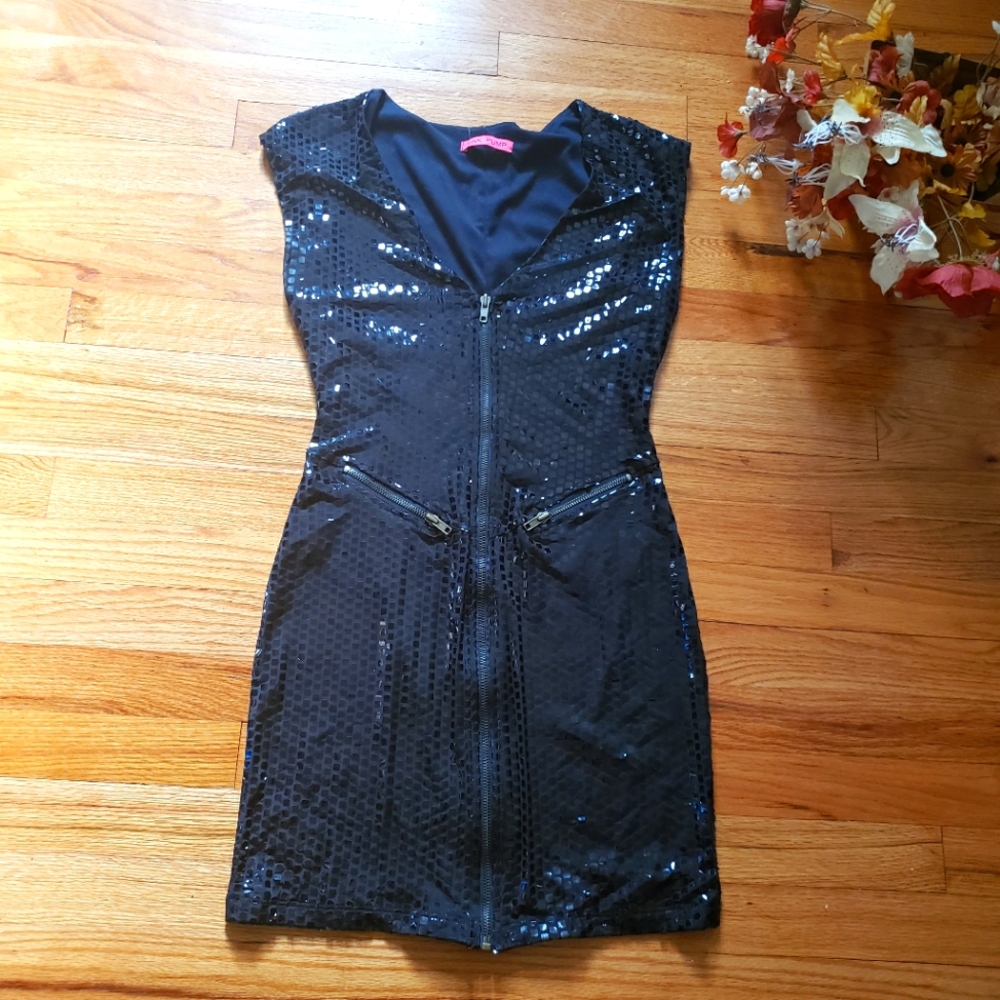 Pink pump black Sequin mini dress front zipper women medium dress